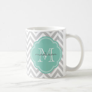 Graue und Zickzack Aqua-Monogramm Tasse
