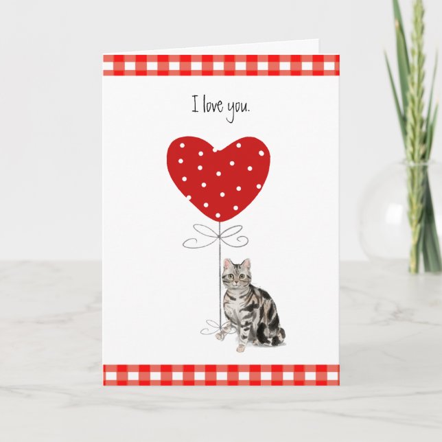 Graue Valentine Katze mit Herzballon Rot & Weiß Karte (Vorderseite)