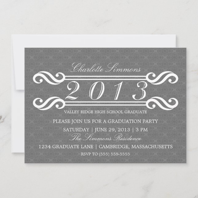 Graue Vintage Damask 2013 Abschluss Einladung (Vorderseite)