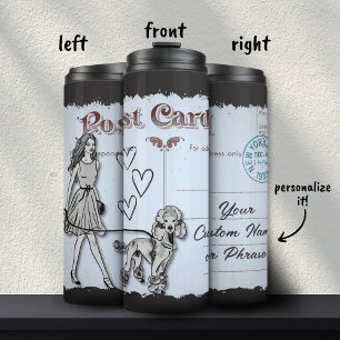 Graue Vintage Postkarte Shopping Frau Poodle Liebe Thermosbecher