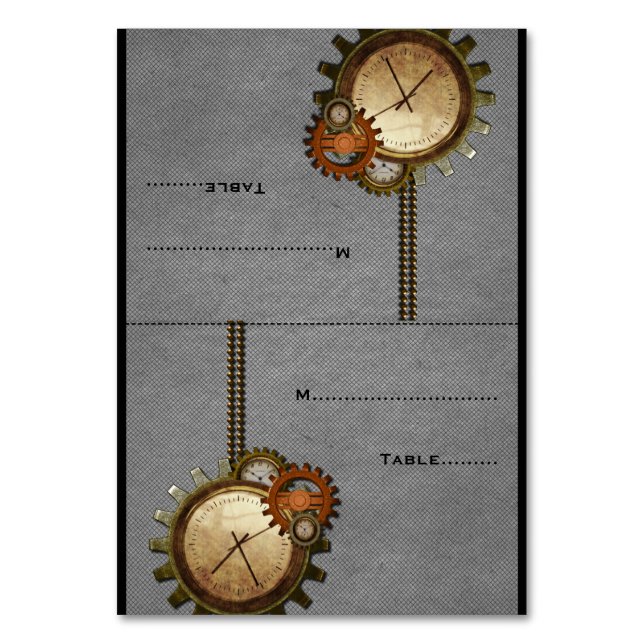 Graue Vintage Uhr-Hochzeitstil-Platzkarte Tischnummer (Vorderseite)