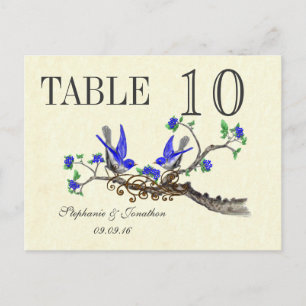 Graue Vintage-Vögel mit königsblauen Blüten Tischn Postkarte