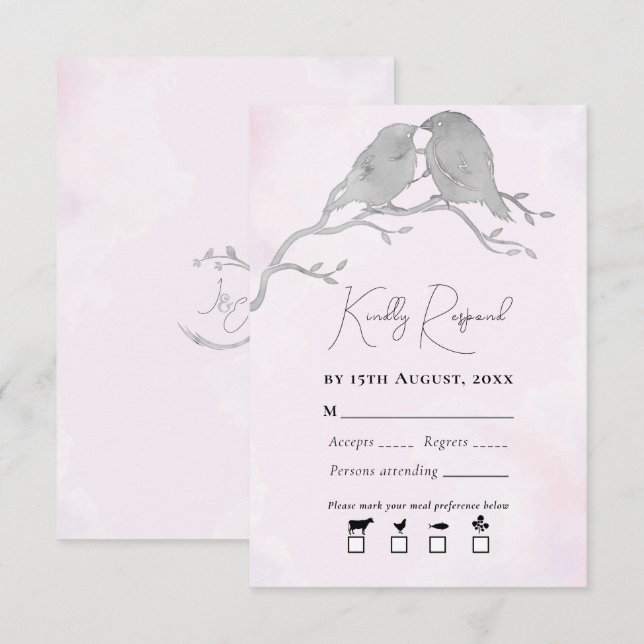 Graue Wasserfarbenlovebirds auf dem Zweig blassros RSVP Karte (Vorne/Hinten)