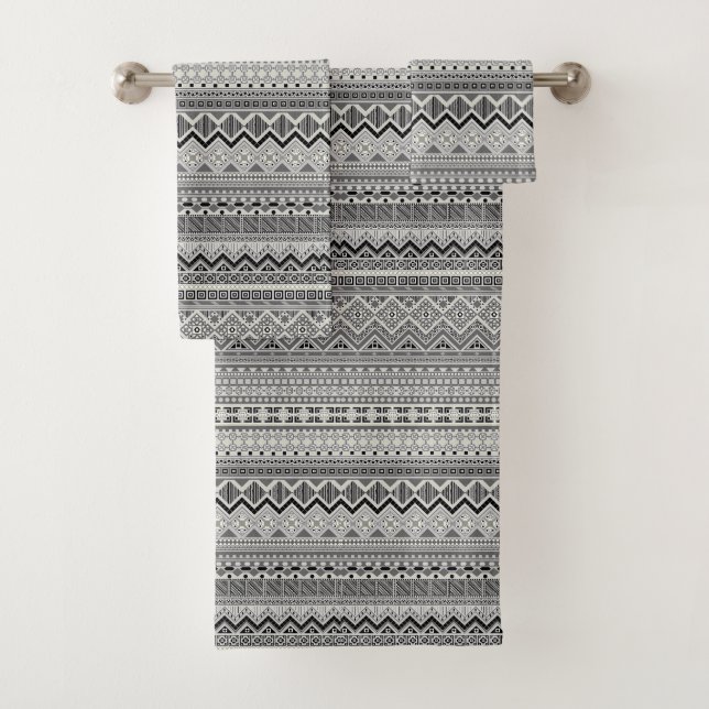 Graue weiße Azteken-Musterdesign Badhandtuch Set (Insitu)