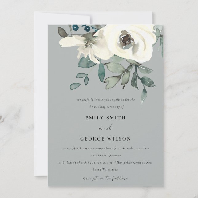 Graue, WEISSE, BLUMENWASSERFARBENDE BUNCHWÄSCHE Einladung (Vorderseite)