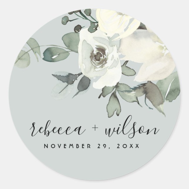 Graue, WEISSE, BLUMENWASSERFARBENDE BUNCHWÄSCHE Runder Aufkleber (Vorderseite)