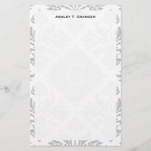 Graue weiße Floral Damask #3 Graues Monogramm-Eti Briefpapier