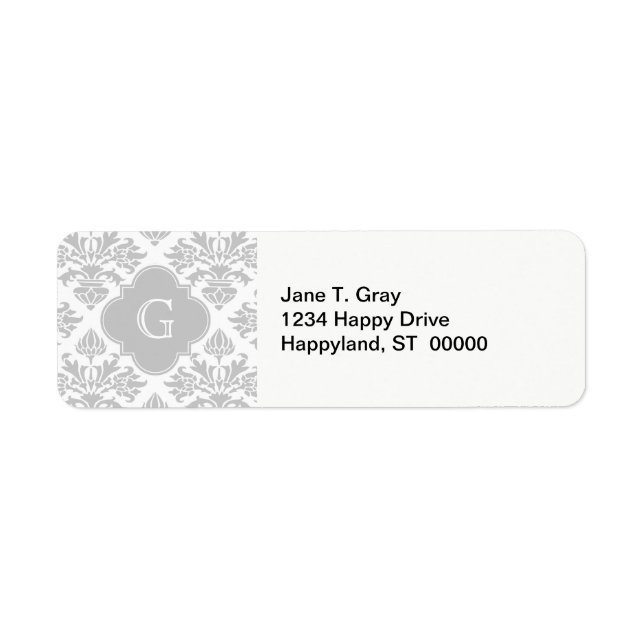 Graue weiße Floral Damask #3 Graues Monogramm-Etik (Vorne)