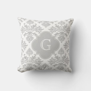 Graue weiße Floral Damask #3 Graues Monogramm-Etik Kissen