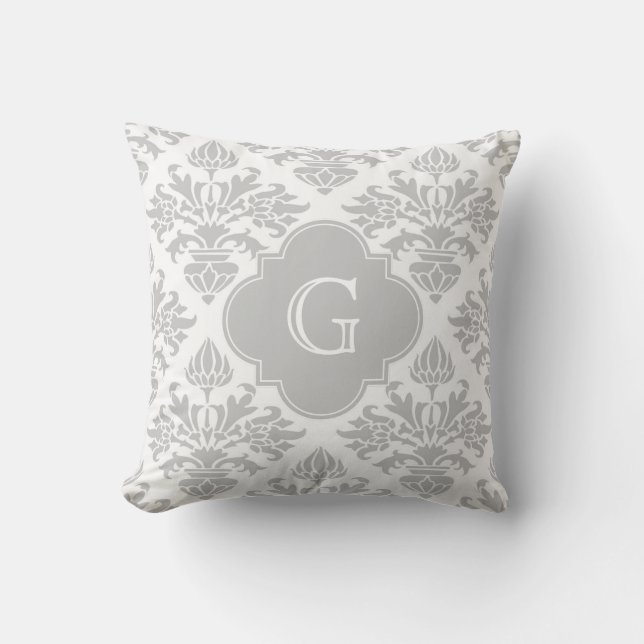 Graue weiße Floral Damask #3 Graues Monogramm-Etik Kissen (Vorderseite)