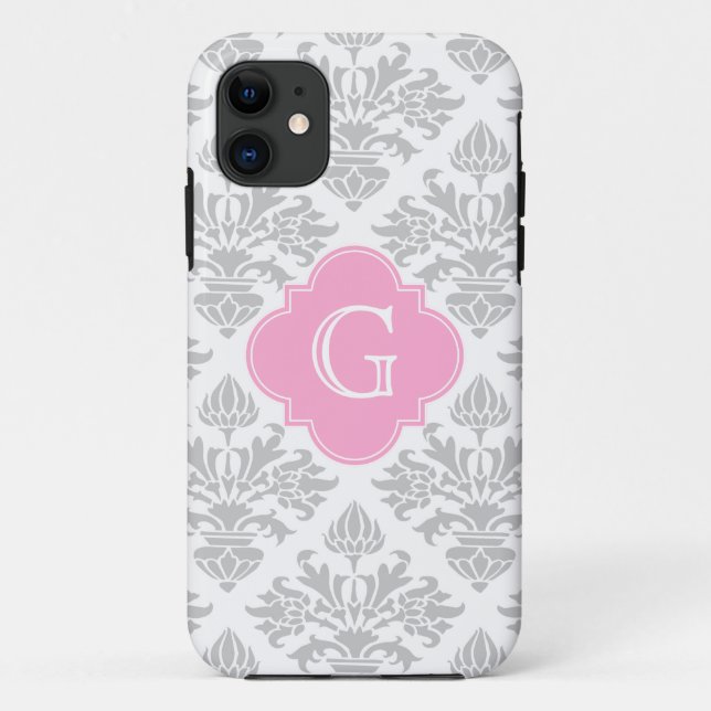 Graue weiße Floral Damask #3 Pink Monogram Label Case-Mate iPhone Hülle (Rückseite)