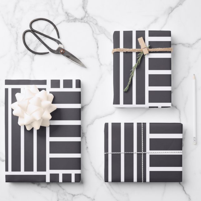 Graue weiße horizontale vertikale Streifen Geschenkpapier Set (Vorderseite)
