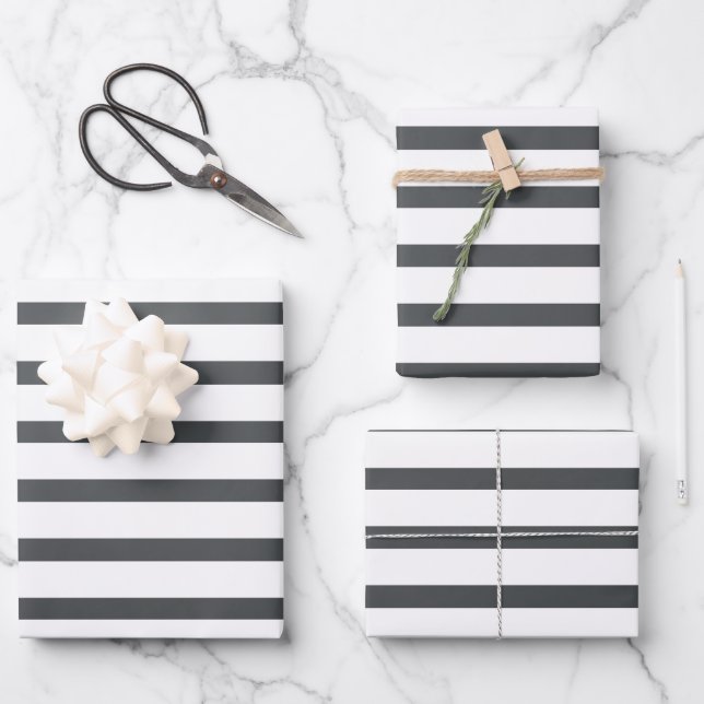 Graue weiße Streifen Geschenkpapier Set (Vorderseite)