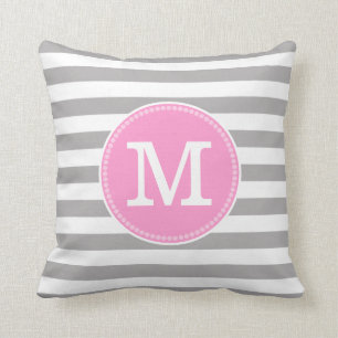 Graue weiße Streifen Minimal-Pastel Pink Monogram Kissen