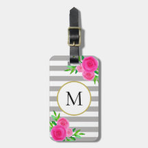 Graue weiße Streifen Pink Aquarell Floral Monogram