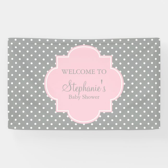 Graue, weiße und pastellrosa Polka Dot Baby Dusche Banner (Horizontal)