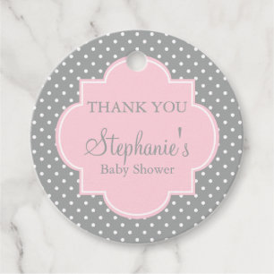 Graue, weiße und pastellrosa Polka Dot Baby Dusche Geschenkanhänger