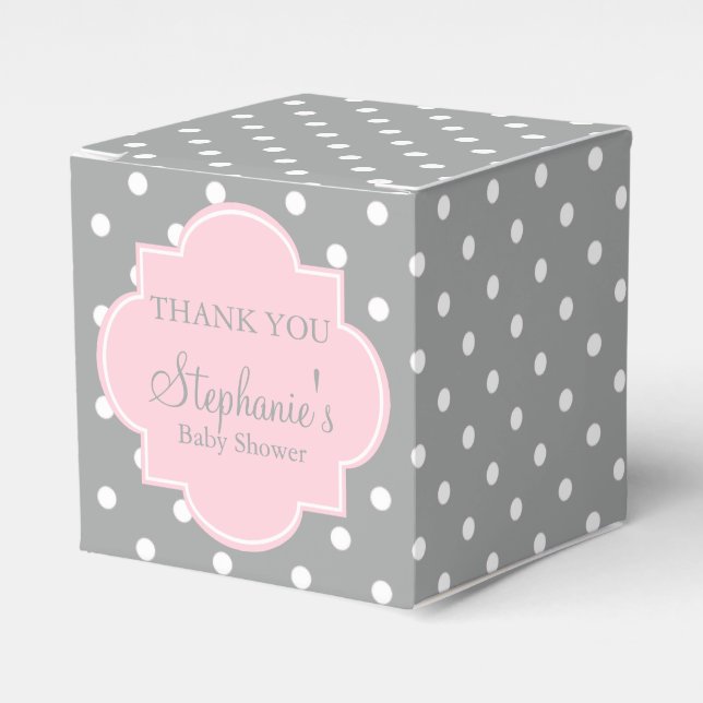 Graue, weiße und pastellrosa Polka Dot Baby Dusche Geschenkschachtel (Vorderseite)