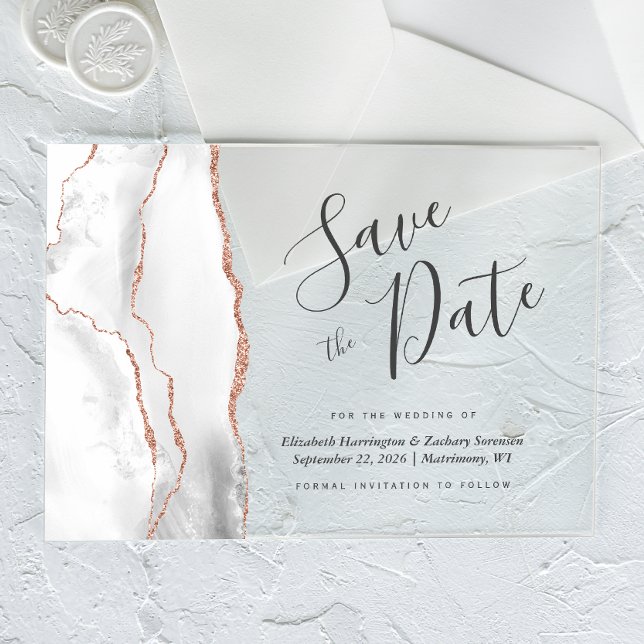 Graue White Rose Gold Agate Save the Date Card Acryleinladungen (Von Creator hochgeladen)