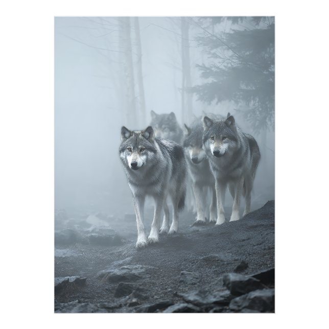 Graue Wölfe im dichten Nebel Fotodruck (Vorne)
