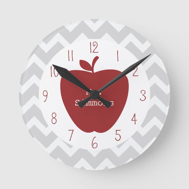 Graue Zickzack- und Red-Apple-Lehrerin Runde Wanduhr (Vorderseite)
