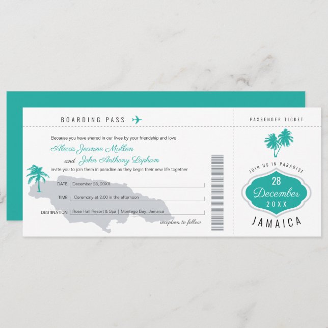 Grauer Aquamariner Boarding Pass auf Jamaica Weddi Einladung (Vorne/Hinten)