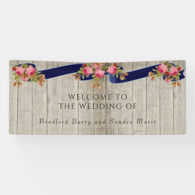 Grauer Barn Wood Navy Blue Pink Rose Rustikale Hoc Banner (Horizontal)