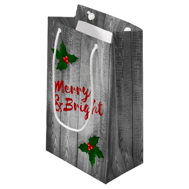 Grauer Barn Wood Planks Merry & Bright Christmas Kleine Geschenktüte (Vorderseite Schrägansicht)