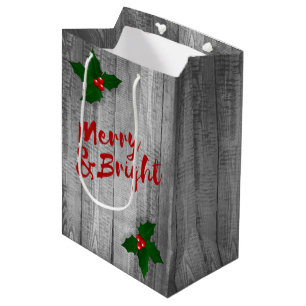 Grauer Barn Wood Planks Merry & Bright Christmas Mittlere Geschenktüte