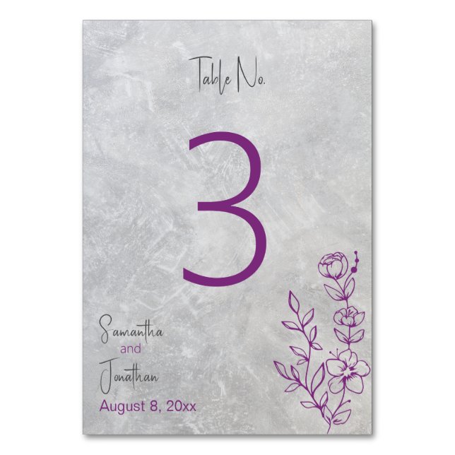 Grauer Beton und Lila Tischnummer (Vorderseite)