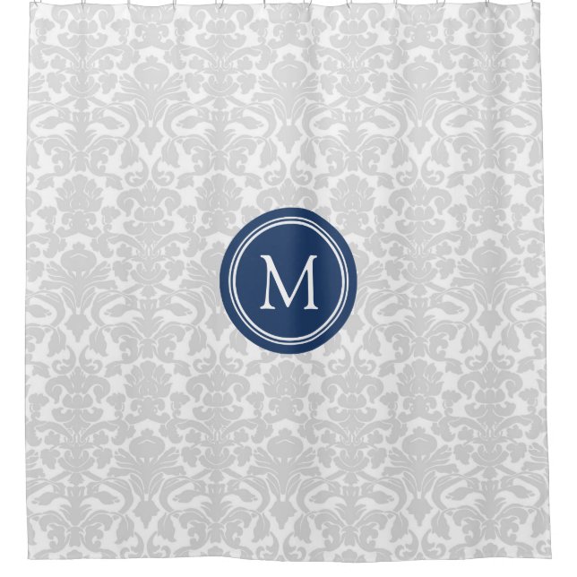 Grauer blauer Damast-Monogramm-Duschvorhang Duschvorhang (Vorderseite)