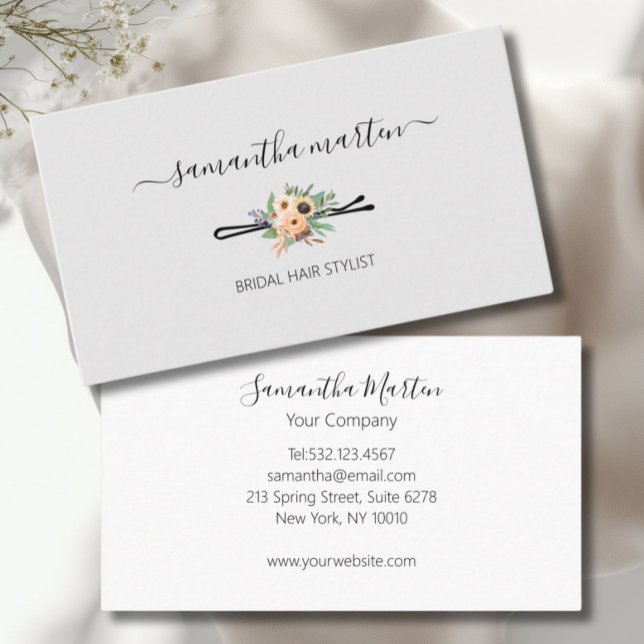 Grauer Blumenhaar Stylist Visitenkarte (Floral Hair Stylist Business Card)