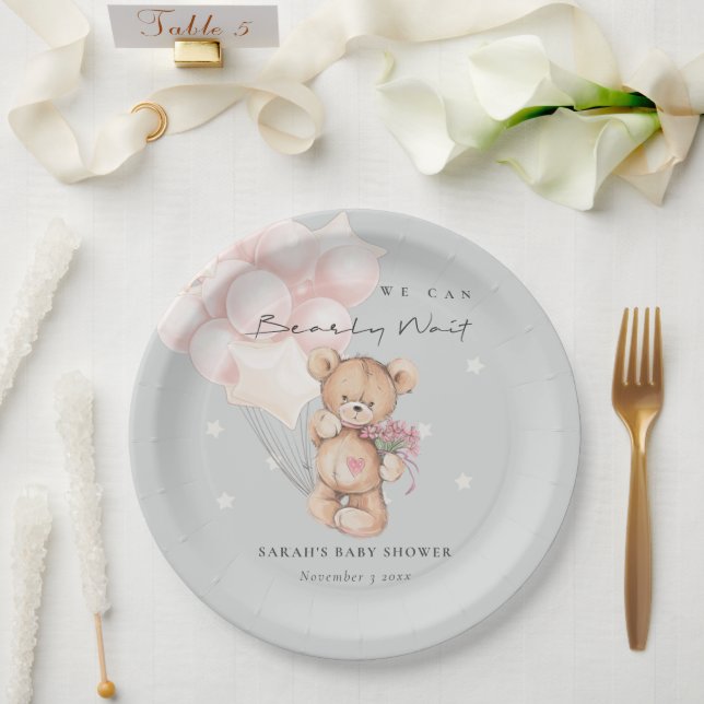 Grauer Blush Bearly Wait Bear Balloon Babydusche Pappteller (Hochzeit)