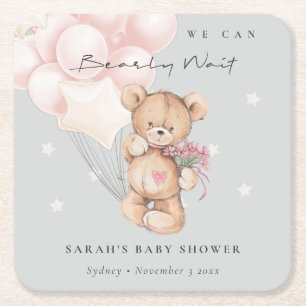 Grauer Blush Bearly Wait Bear Balloon Babydusche Rechteckiger Pappuntersetzer