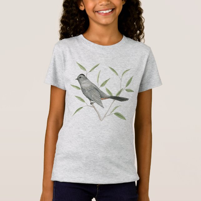 Grauer Catbird-Vogel-Kunst T-Shirt (Vorderseite)