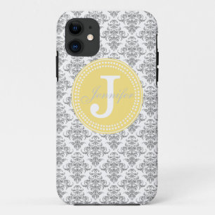 Grauer Damast u. gelber Monogramm iPhone Kasten 11 Hülle