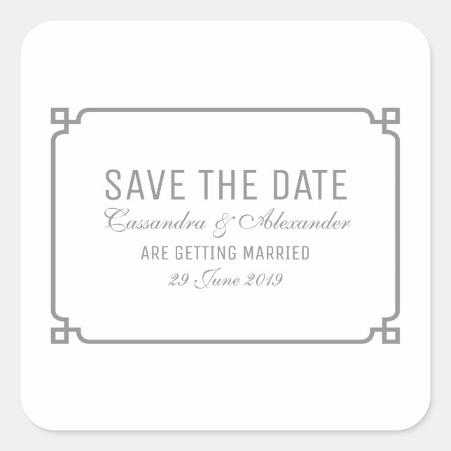 Grauer Deko Chic Save the Date Quadratischer Aufkleber (Vorderseite)