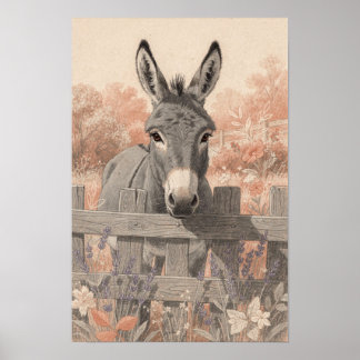 Grauer Esel am Lavendelgarten-Zaun Poster