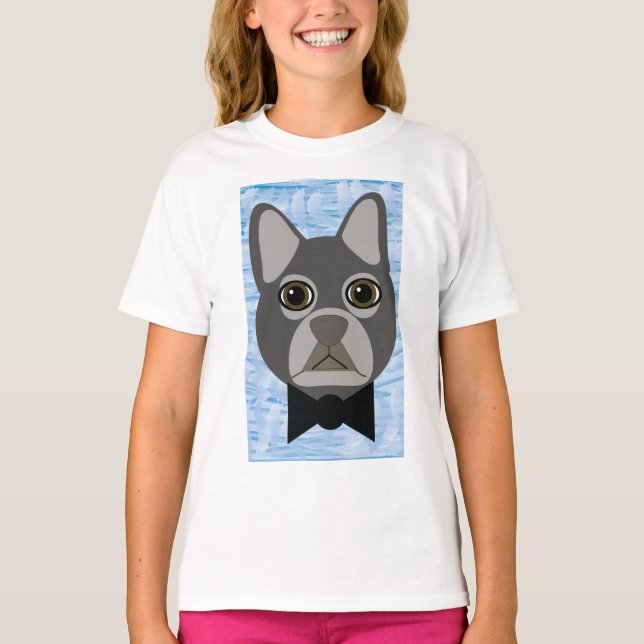 Grauer französischer Bulldog, Aquarellblau T-Shirt (Vorderseite)