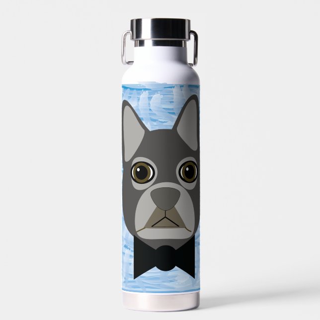 Grauer französischer Bulldog, Aquarellblau Trinkflasche (Vorne)