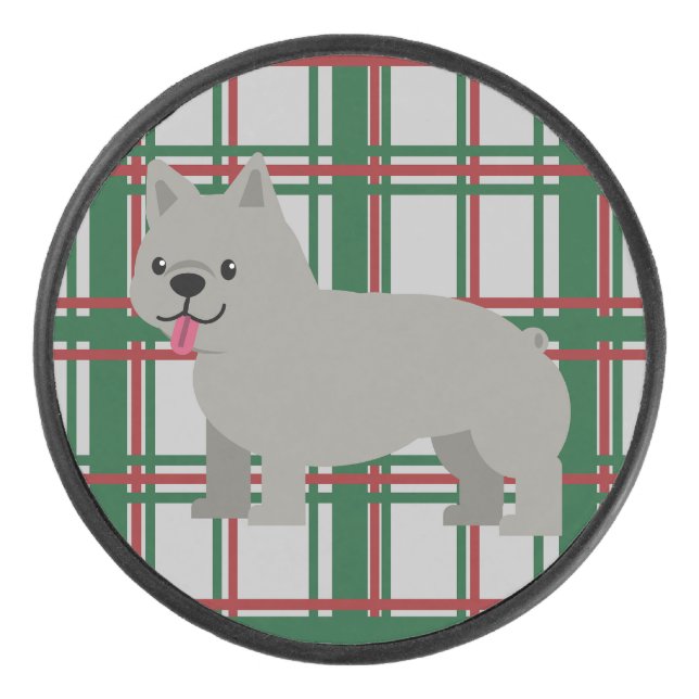 Grauer französischer Bulldog, Weihnachten Kariert Eishockey Puck (Vorderseite)