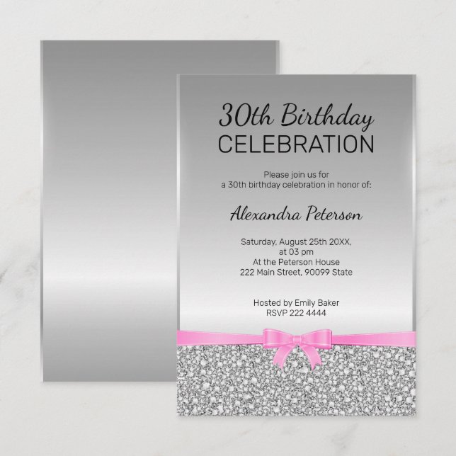 Grauer Glitzer 30. Geburtstag Einladung (Vorne/Hinten)