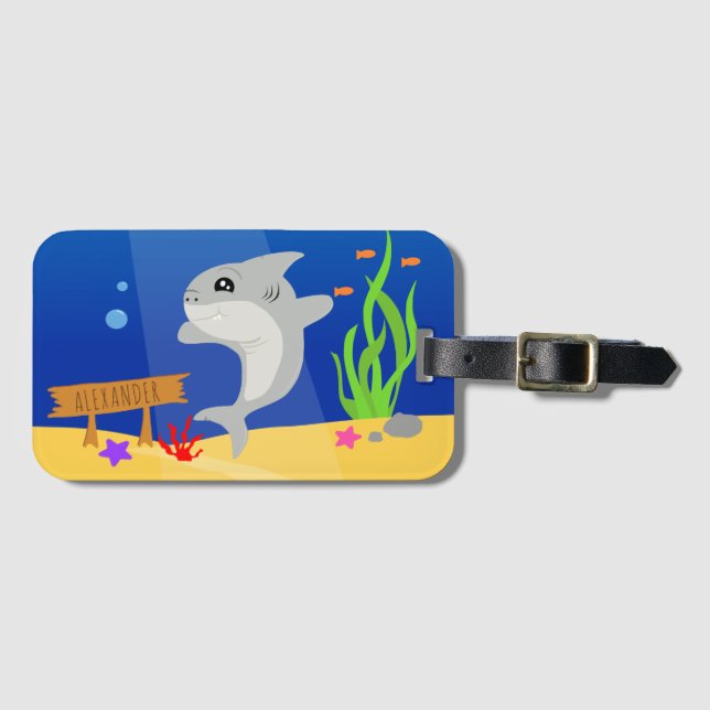 Grauer Hai Cartoon Gepäckanhänger (Vorderseite (Horizontal))