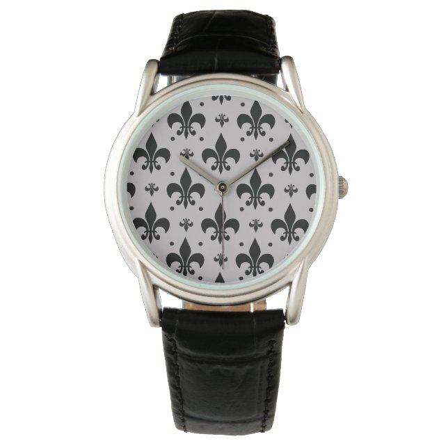 Grauer Hintergrund Fleur-de-lis-Muster Armbanduhr (Vorderseite)
