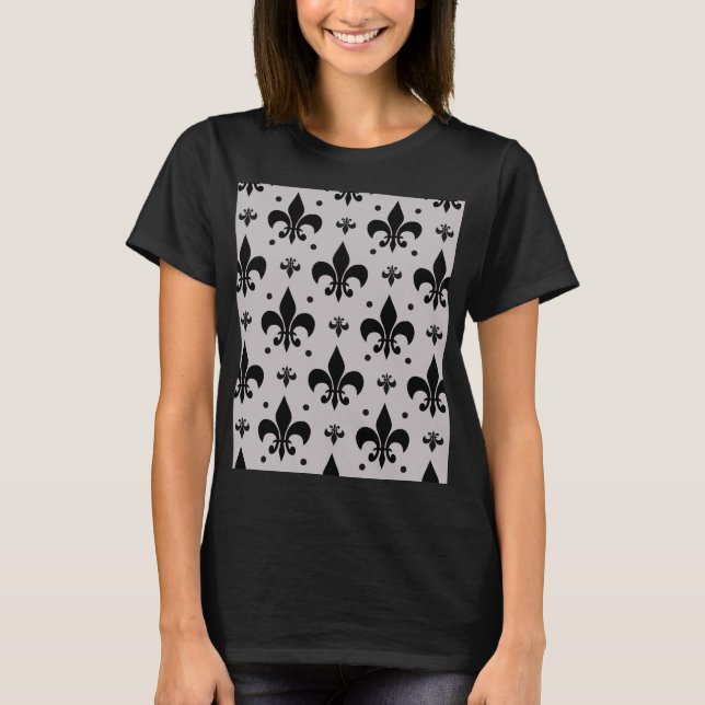 Grauer Hintergrund Fleur-de-lis-Muster T-Shirt (Vorderseite)