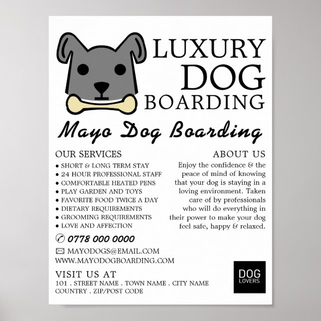 Grauer Hund mit Knochen, Hunde Boarding, Werbung Poster (Vorne)