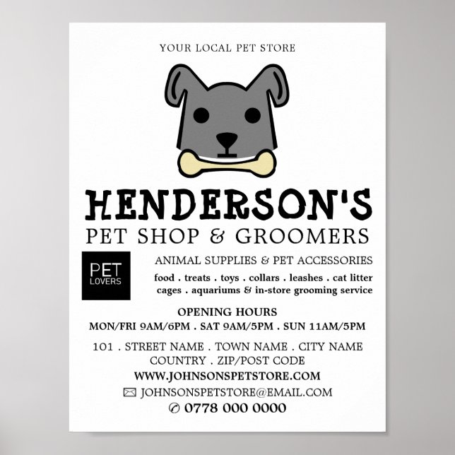 Grauer Hund mit Knochen, Pet Store & Groomer Poster (Vorne)