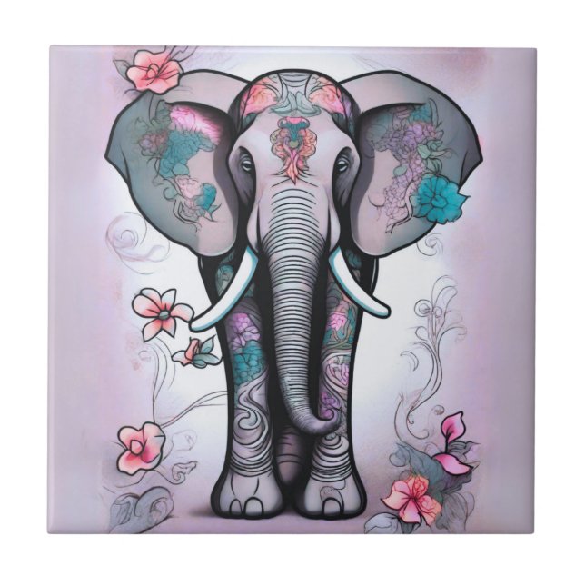 Grauer indischer Elefant mit Blume verziert Fliese (Vorderseite)