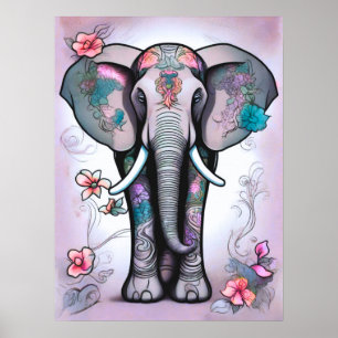 Grauer indischer Elefant mit Blume verziert Poster
