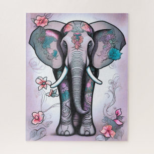 Grauer indischer Elefant mit Blume verziert Puzzle